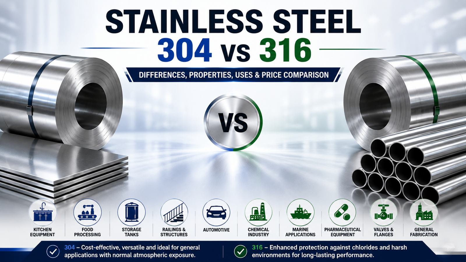 Stainless Steel 304 vs 316: Differences, Properties, Uses & Price Comparison